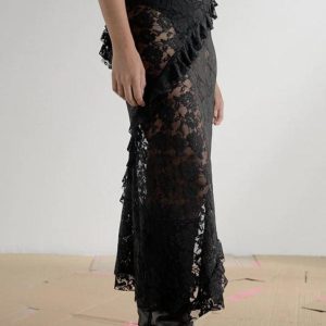 Lace Stitching Maxi Skirt in Y2K Fashion - Perfect for Coquette and Grunge Aesthetics