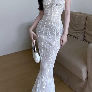 Lace Tie Slim Fishtail Dress - Y2K Aesthetic Elegant Dress for Coquette Style Outfits