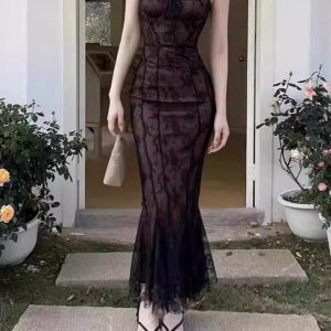 Lace Tie Slim Fishtail Dress - Y2K Aesthetic Elegant Dress for Coquette Style Outfits