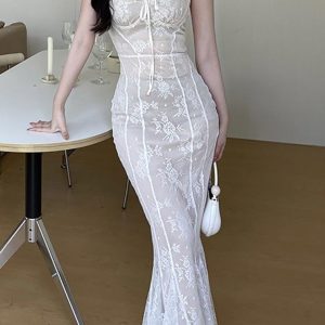 Lace Tie Slim Fishtail Dress - Y2K Aesthetic Elegant Dress for Coquette Style Outfits