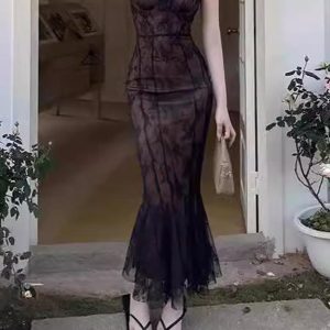 Lace Tie Slim Fishtail Dress - Y2K Aesthetic Elegant Dress for Coquette Style Outfits