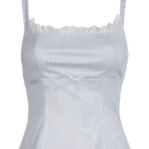 Lace-Trim Bow Accent Striped Cami Top - Y2K Fashion Essential for Cute Aesthetic Outfits