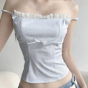 Lace-Trim Bow Accent Striped Cami Top - Y2K Fashion Essential for Cute Aesthetic Outfits