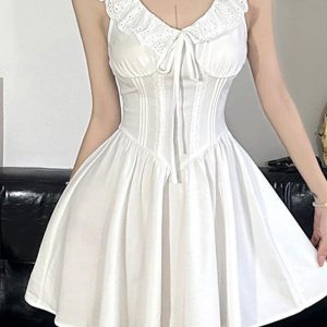 Lace Trim Corset Mini Dress - Y2K Aesthetic Cute Dress for Coquette Style Outfits