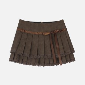 Lace Trim Faux Leather Skirt for Y2K Fashion and Grunge Aesthetic Outfits