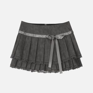 Lace Trim Faux Leather Skirt for Y2K Fashion and Grunge Aesthetic Outfits