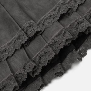 Lace Trim Faux Leather Skirt for Y2K Fashion and Grunge Aesthetic Outfits