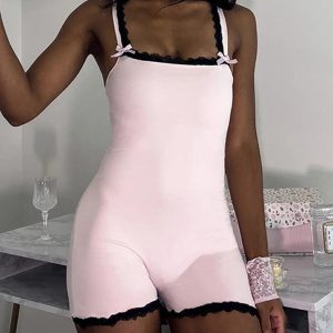 Lace-Trim Spaghetti Strap Bodysuit Top for Y2K Fashion and Coquette Aesthetic Outfits