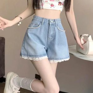 Lace Trim Wide Leg Denim Shorts for Y2K Fashion and Coquette Aesthetic Outfits