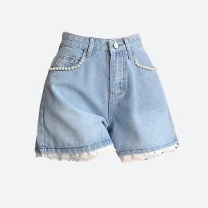 Lace Trim Wide Leg Denim Shorts for Y2K Fashion and Coquette Aesthetic Outfits