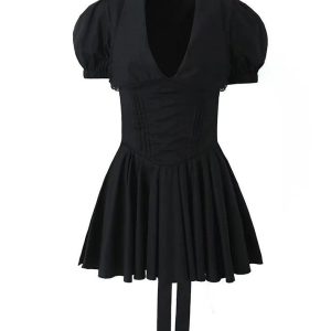 Lace Up Doll Collar Dress in Y2K Style - Cute Coquette Aesthetic Mini Dress