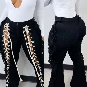 Lace Up Tassel Y2K Jeans for Trendy Grunge Aesthetic Outfits and Coquette Style