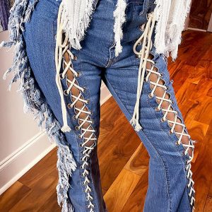 Lace Up Tassel Y2K Jeans for Trendy Grunge Aesthetic Outfits and Coquette Style