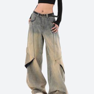 Layered Denim Skater Jeans - Y2K Aesthetic Grunge Style for Trendy Outfits