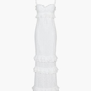 Layered Ruffle Eyelet Long Dress with Cup Detail - Y2K Fashion & Coquette Aesthetic