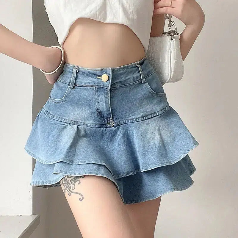 Layered Ruffled Denim Mini Skirt for Y2K Aesthetic and Coquette Style Outfits