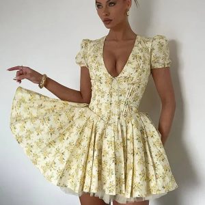 Lemon Bloom V-Neck Mini Dress - Y2K Aesthetic Cute Dress for Coquette and Grunge Styles