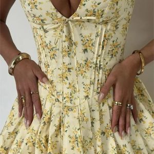 Lemon Bloom V-Neck Mini Dress - Y2K Aesthetic Cute Dress for Coquette and Grunge Styles