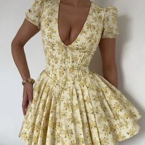 Lemon Bloom V-Neck Mini Dress - Y2K Aesthetic Cute Dress for Coquette and Grunge Styles