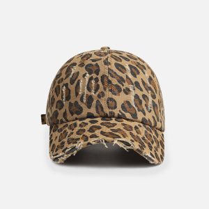 Leopard Print Fringe Washed Cap - Y2K Aesthetic Accessory for Trendy Outfits