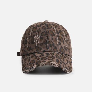 Leopard Print Fringe Washed Cap - Y2K Aesthetic Accessory for Trendy Outfits