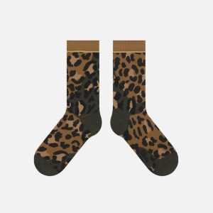 Leopard Print Patchwork Socks for Y2K Aesthetic and Coquette Style Outfits