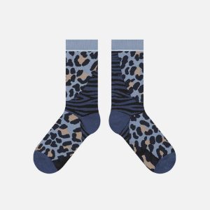 Leopard Print Patchwork Socks for Y2K Aesthetic and Coquette Style Outfits