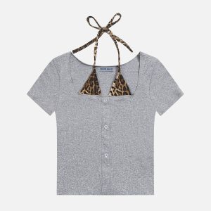 Leopard Print Patchwork Tee - Y2K Aesthetic Cute Top for Trendy Outfits