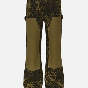 Leopard Print Patchwork Y2K Jeans for Trendy Grunge and Coquette Aesthetic Outfits