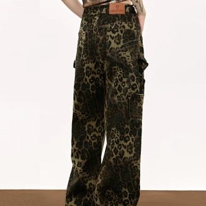 Leopard Print Patchwork Y2K Jeans for Trendy Grunge and Coquette Aesthetic Outfits