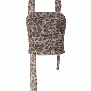 Leopard Print Y2K Aesthetic Mesh Halter Tube Top for Trendy Outfits