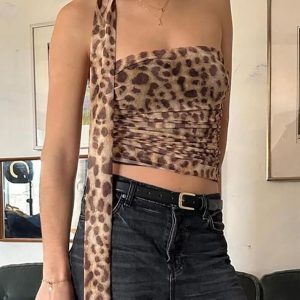 Leopard Print Y2K Aesthetic Mesh Halter Tube Top for Trendy Outfits