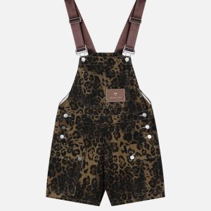 Leopard Print Y2K Aesthetic Overall Shorts for Trendy Coquette and Grunge Outfits