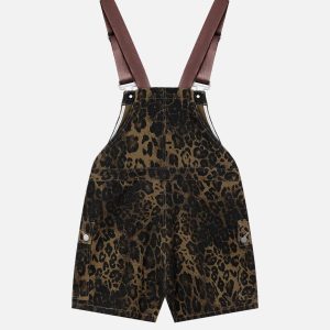 Leopard Print Y2K Aesthetic Overall Shorts for Trendy Coquette and Grunge Outfits