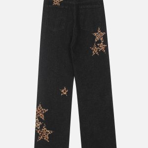 Leopard Print Y2K Star Straight-Leg Jeans for Trendy Aesthetic Outfits