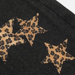 Leopard Print Y2K Star Straight-Leg Jeans for Trendy Aesthetic Outfits