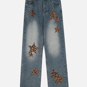 Leopard Print Y2K Star Straight-Leg Jeans for Trendy Aesthetic Outfits