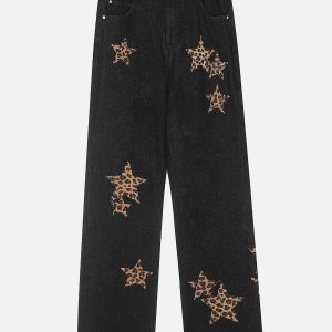 Leopard Print Y2K Star Straight-Leg Jeans for Trendy Aesthetic Outfits