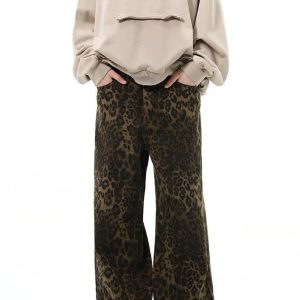 Leopard Print Y2K Straight Leg Jeans for Trendy Grunge and Coquette Aesthetic Outfits