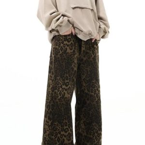 Leopard Print Y2K Straight Leg Jeans for Trendy Grunge and Coquette Aesthetic Outfits