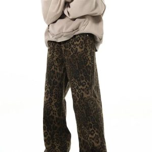 Leopard Print Y2K Straight Leg Jeans for Trendy Grunge and Coquette Aesthetic Outfits