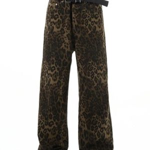 Leopard Print Y2K Straight Leg Jeans for Trendy Grunge and Coquette Aesthetic Outfits