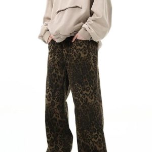 Leopard Print Y2K Straight Leg Jeans for Trendy Grunge and Coquette Aesthetic Outfits