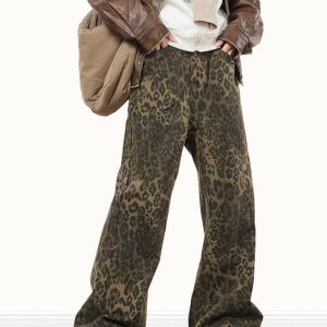 Leopard Print Y2K Straight Leg Jeans for Trendy Grunge and Coquette Aesthetic Outfits