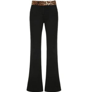 Leopard Splice Flare Leg Pants with Elastic Waist for Trendy Y2K Aesthetic Outfits