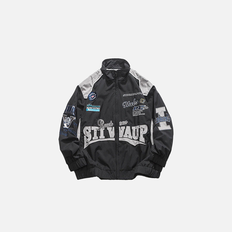 Letter-Embroidered Y2K Racing Windbreaker Jacket for Trendy Aesthetic Outfits