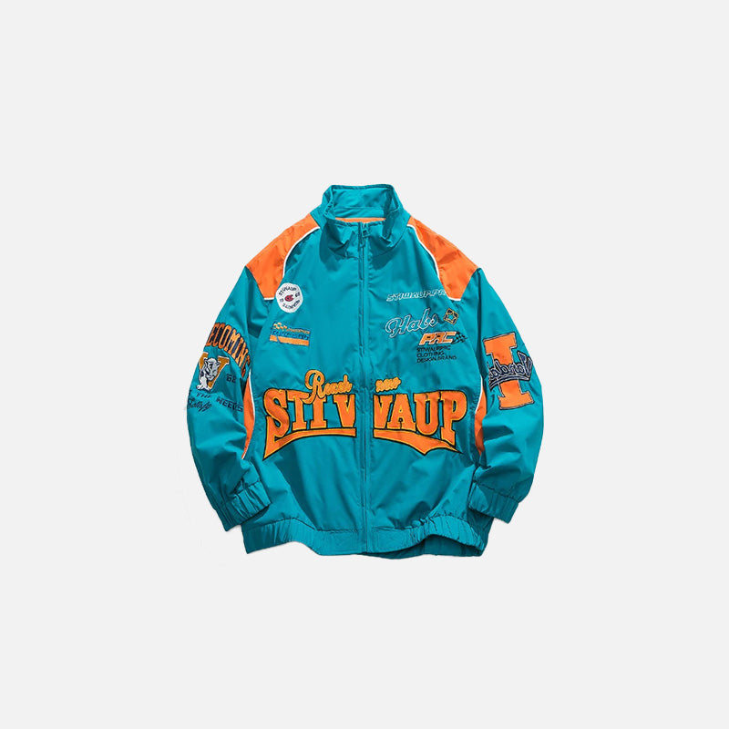 Letter-Embroidered Y2K Racing Windbreaker Jacket for Trendy Aesthetic Outfits