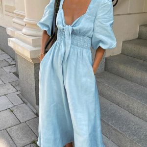 Linen Cotton Front Tie Midi Dress - Y2K Aesthetic Chic for Effortless Style and Comfort