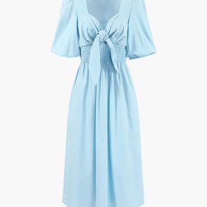 Linen Cotton Front Tie Midi Dress - Y2K Aesthetic Chic for Effortless Style and Comfort