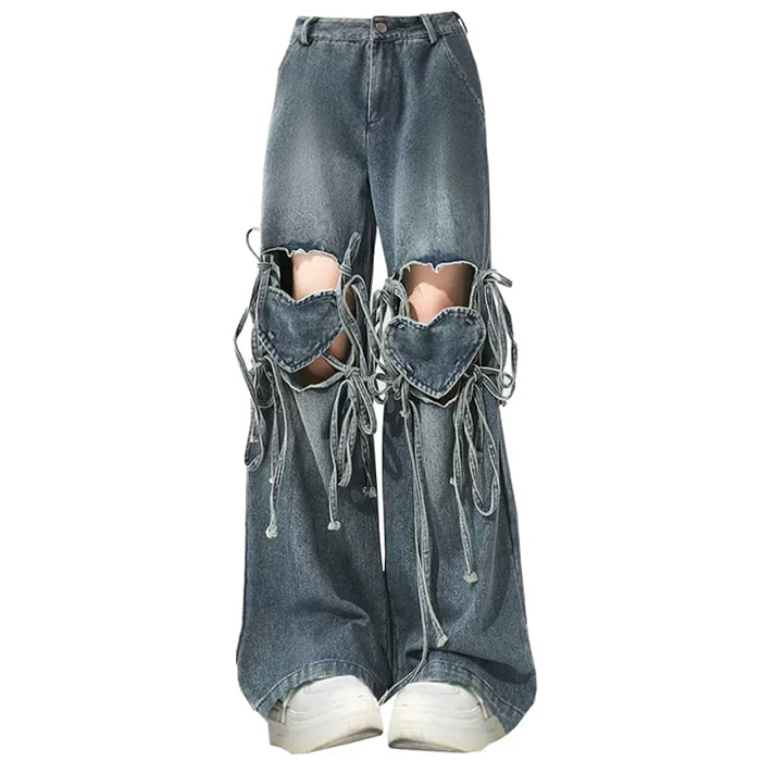 Love Knot Heart-Shaped Denim Pants - Y2K Aesthetic Cute Bottoms for Trendy Outfits